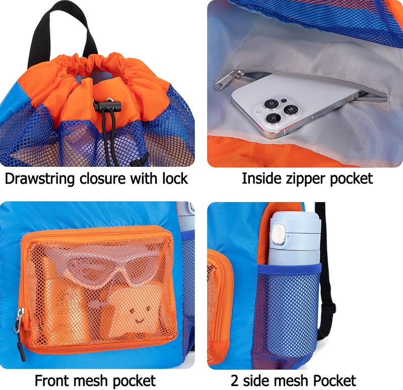Veious Swim Bag for Kids Drawstring Backpack for Boys Lightweight Mesh Beach Backpack Swimming Pool Sports Gym String Bag Blue - Image 4